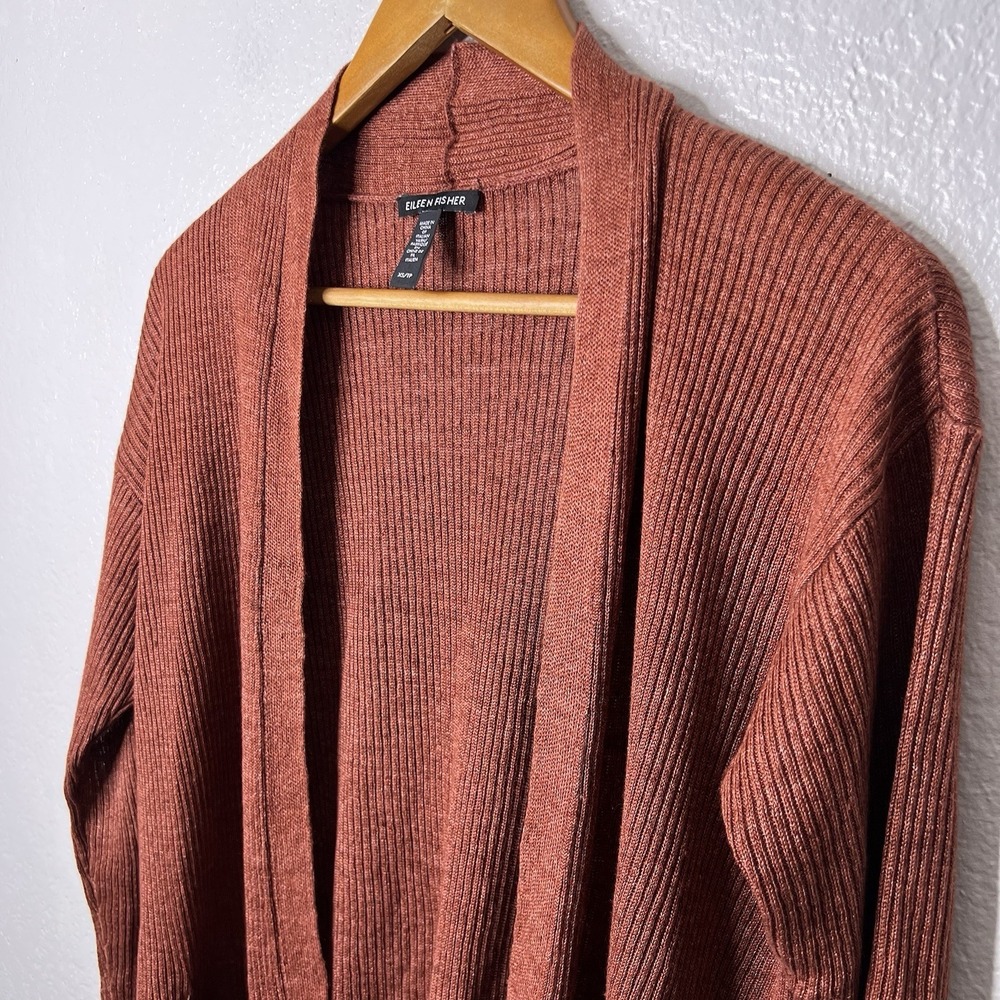 Eileen Fisher Organic Linen Ribbed Open Cardigan Rust Orange XS Pockets - Picture 5 of 8